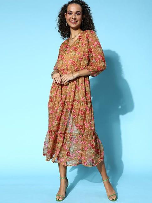 melon by pluss brown floral print a-line dress