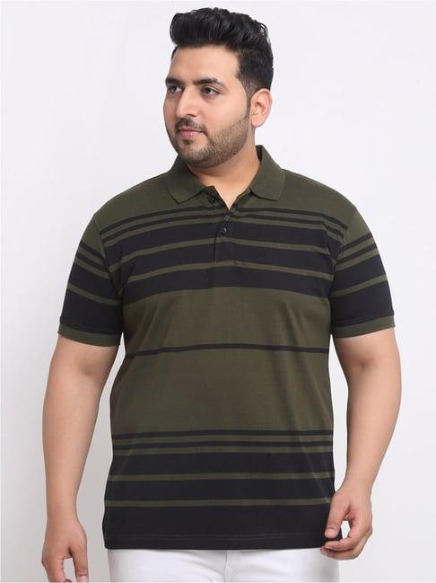 melon by pluss dark green cotton regular fit striped plus size polo t-shirt