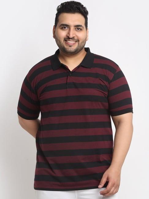 melon by pluss dark maroon cotton regular fit striped plus size polo t-shirt