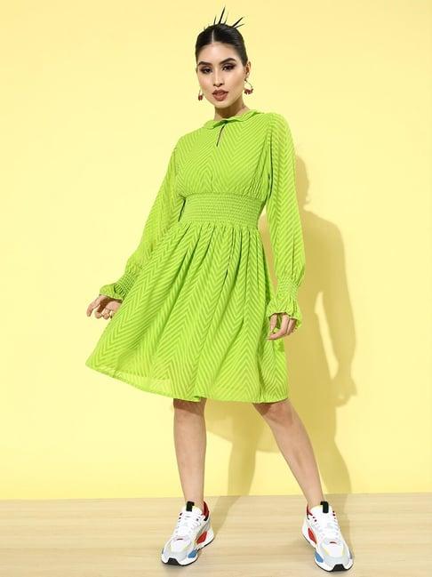melon by pluss lime green self pattern a-line dress