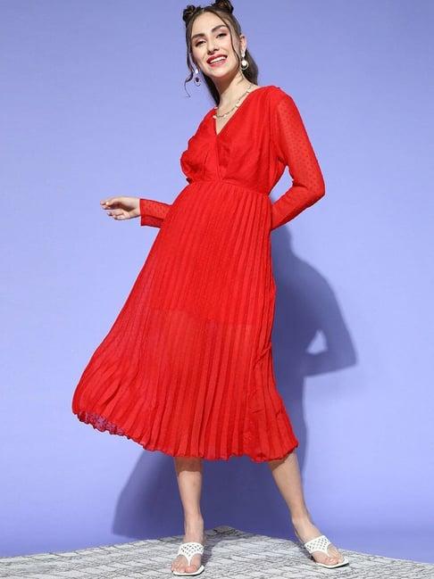 melon by pluss red self pattern a-line dress