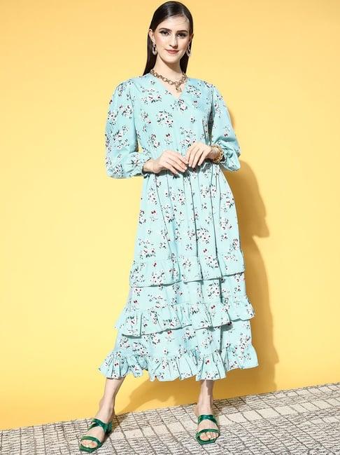 melon by pluss sky blue floral print a-line dress