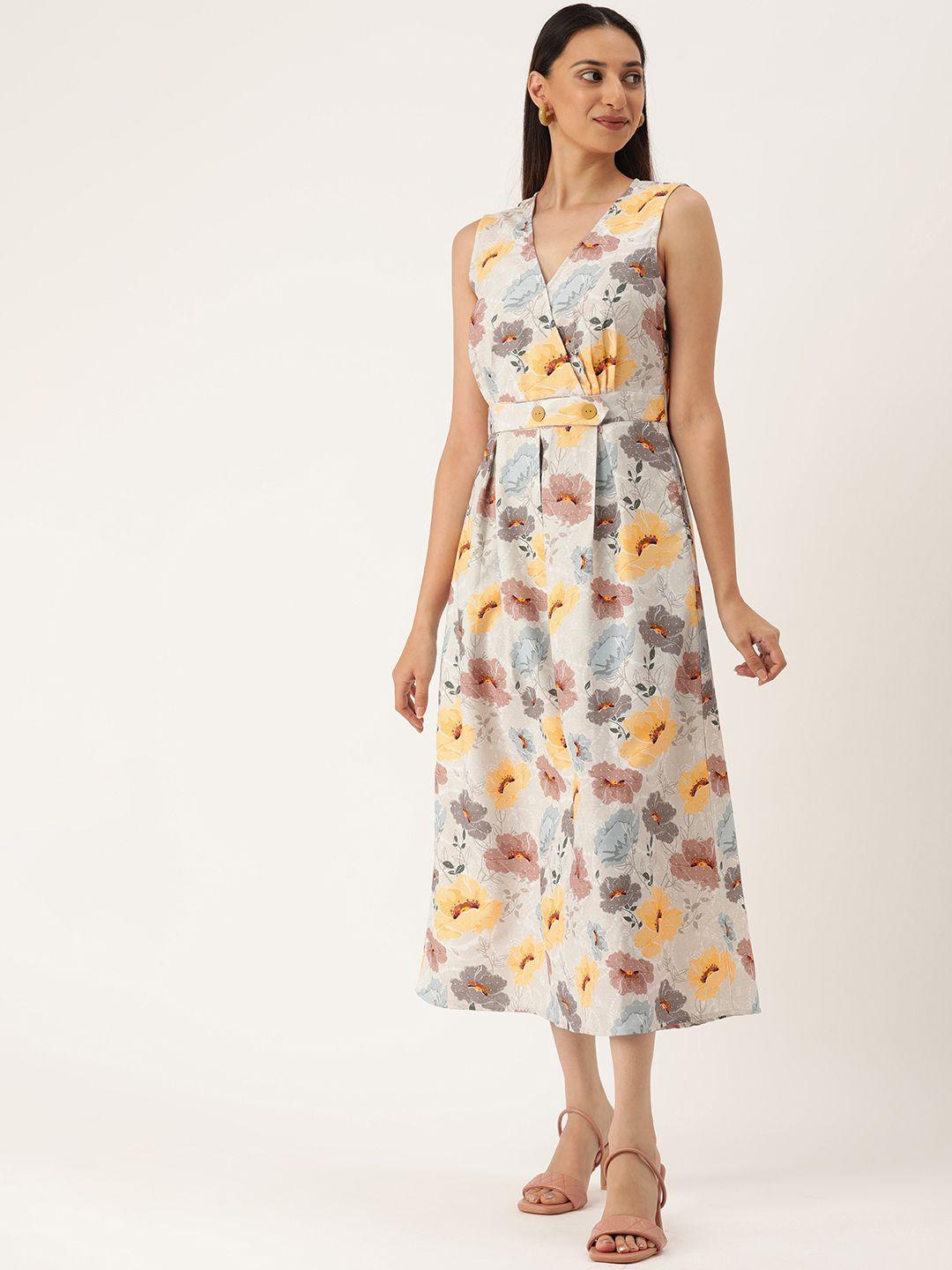 meloso women grey & yellow floral printed wrap maxi dress