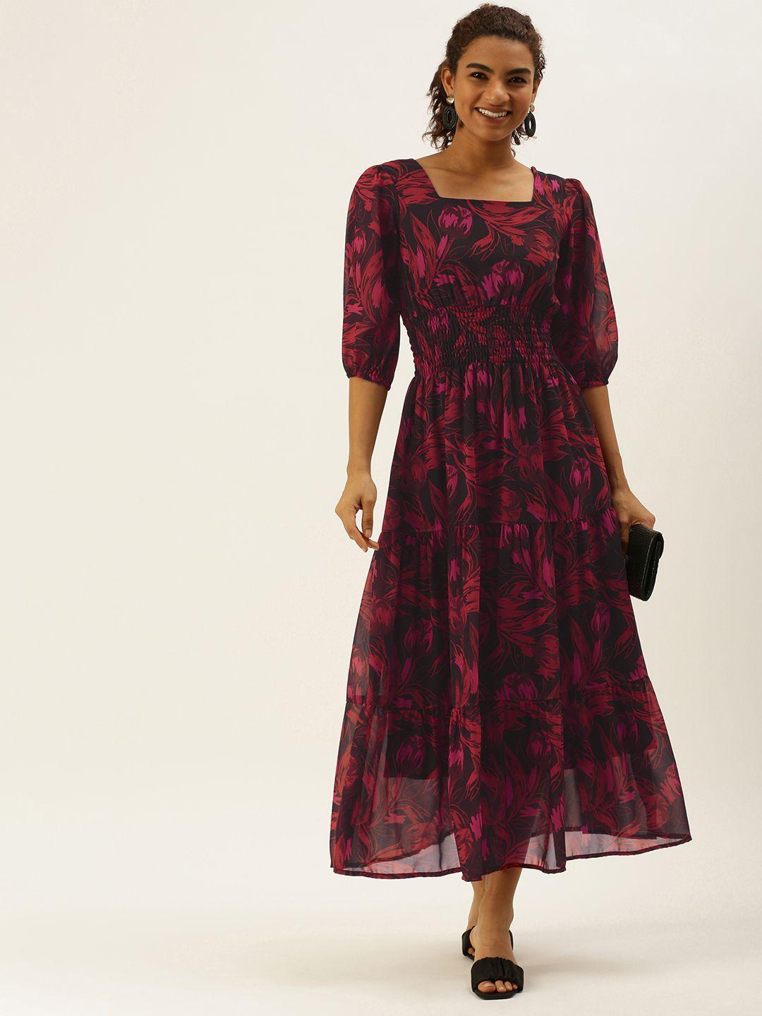 meloso black & red floral printed tiered smocked a-line maxi dress