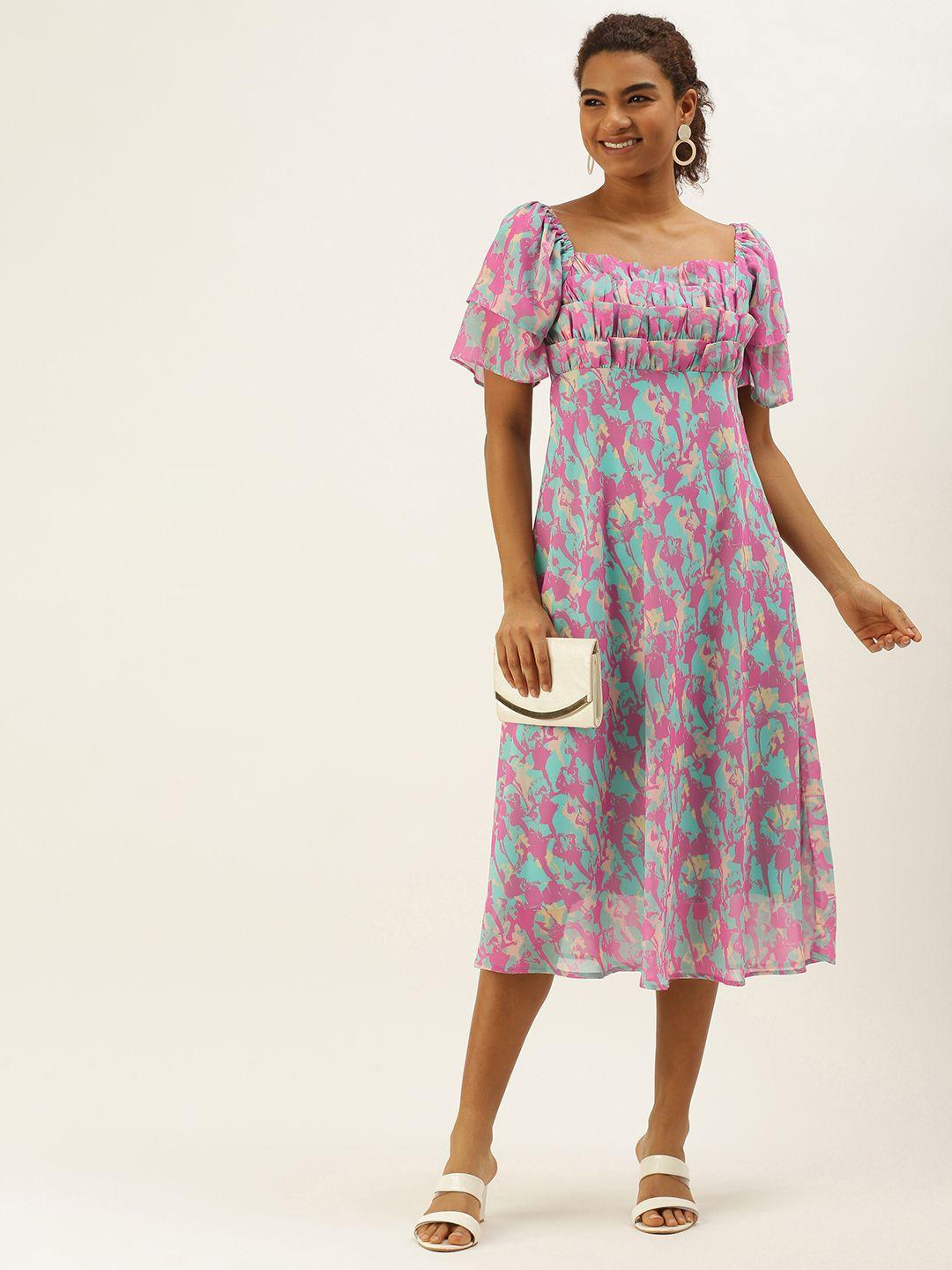 meloso blue & pink abstract print ruffle a-line midi dress