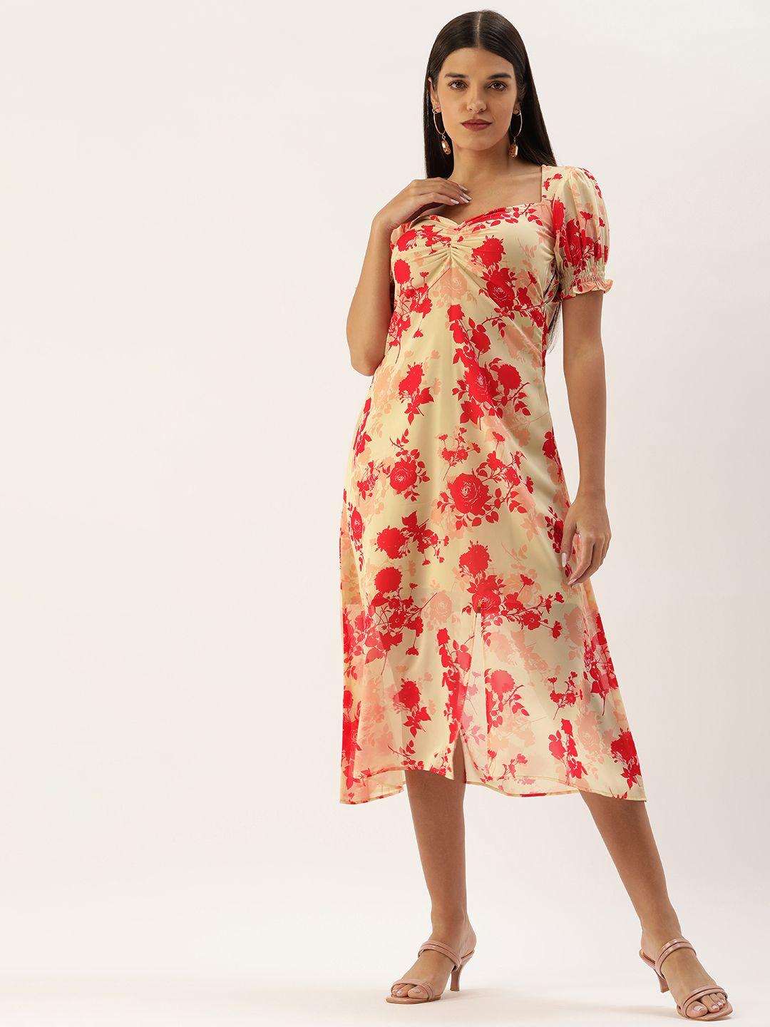 meloso cream-coloured & red floral a-line midi dress