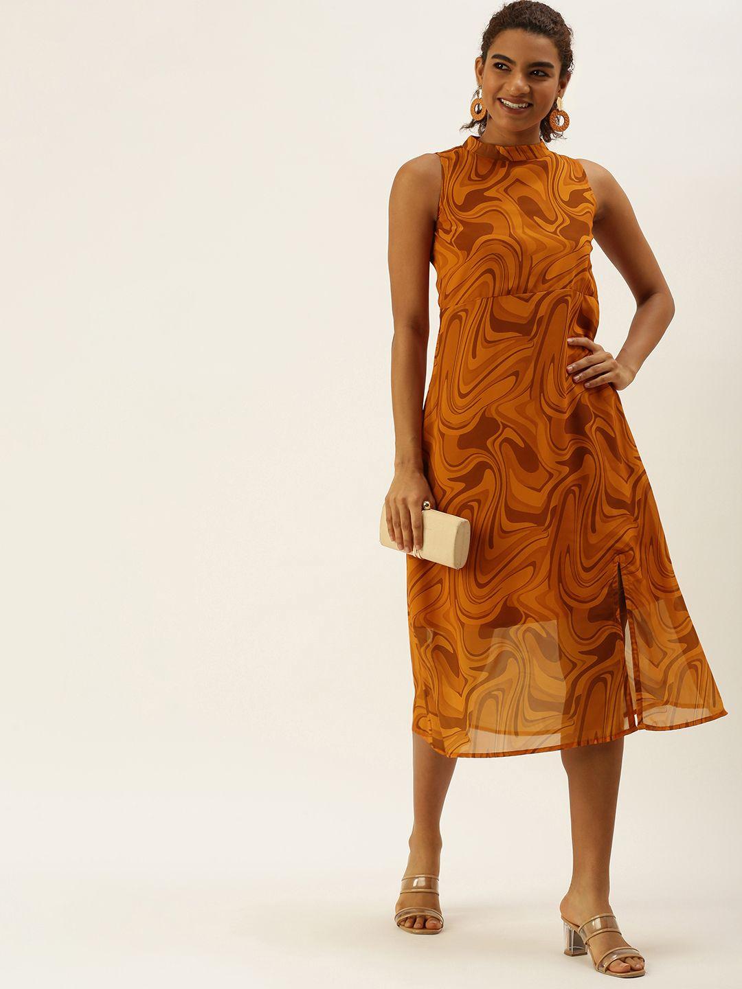 meloso mustard yellow & brown abstract print a-line midi dress