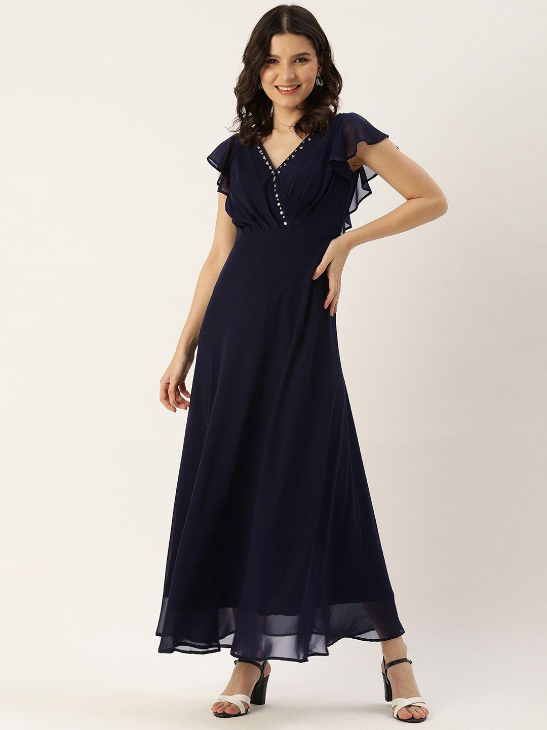 meloso navy blue georgette a-line maxi dress with ruffle detail