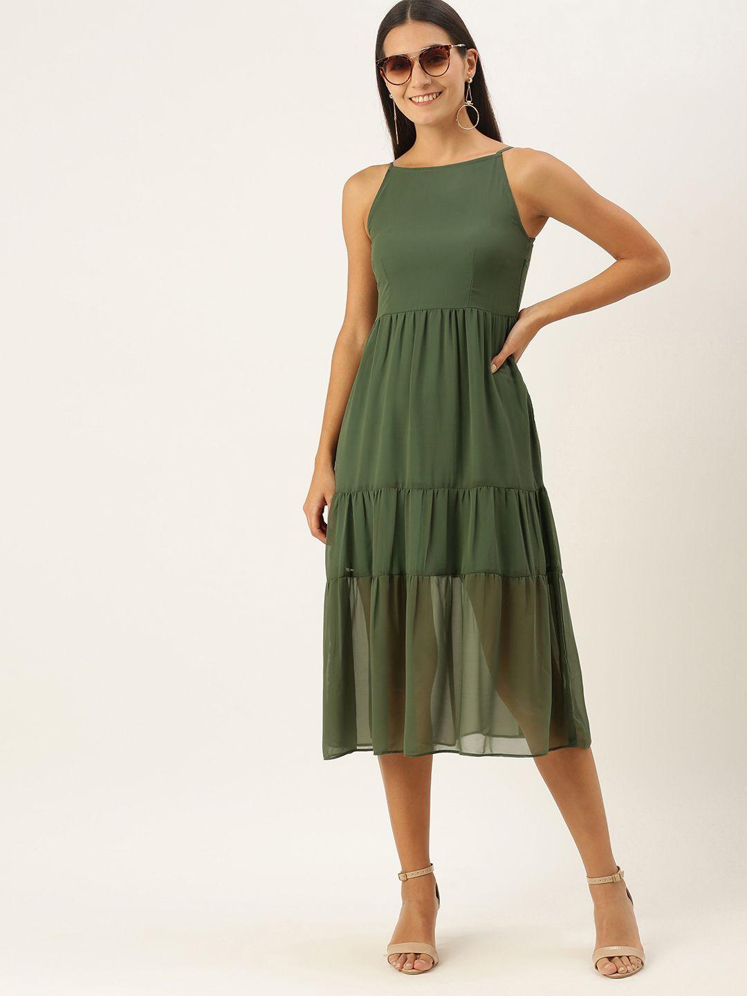meloso olive green halter neck georgette maxi dress