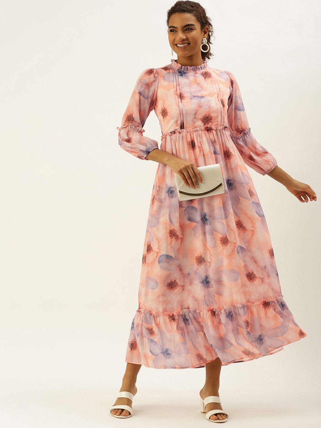 meloso peach-coloured & lavender floral printed ruffle a-line maxi dress