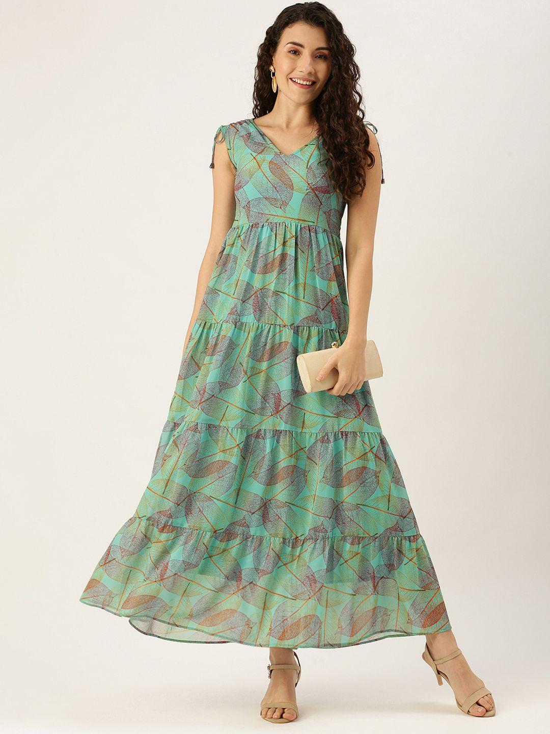 meloso sea green tropical trapeze georgette maxi dress