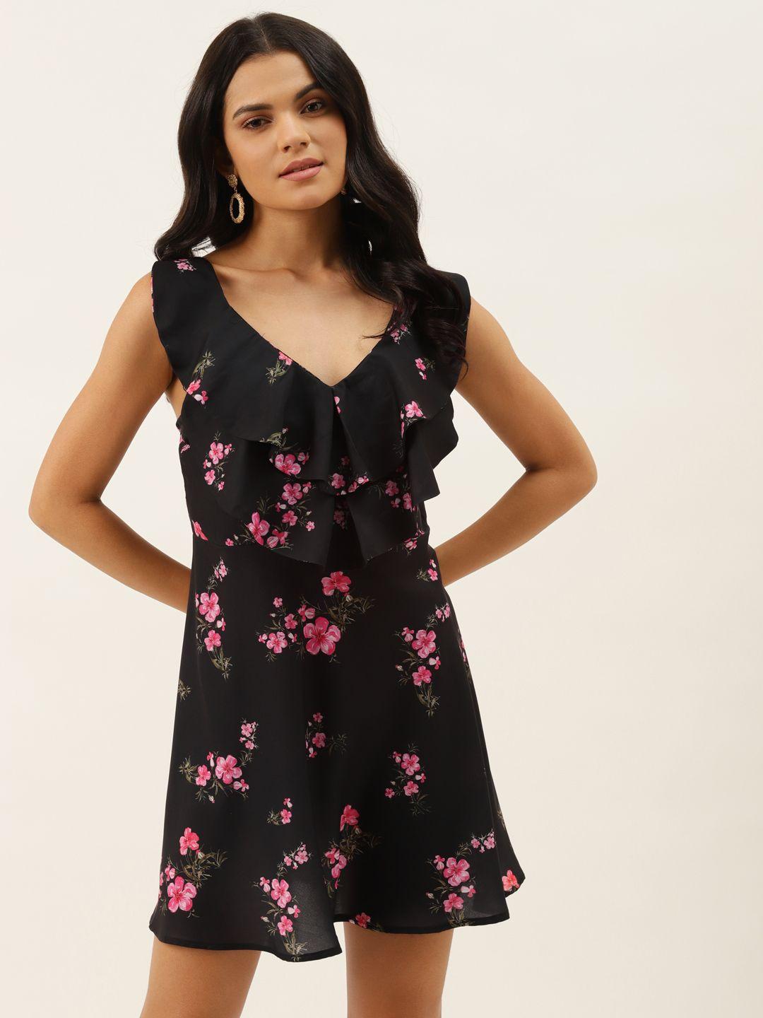 meloso women black & pink floral print a-line dress