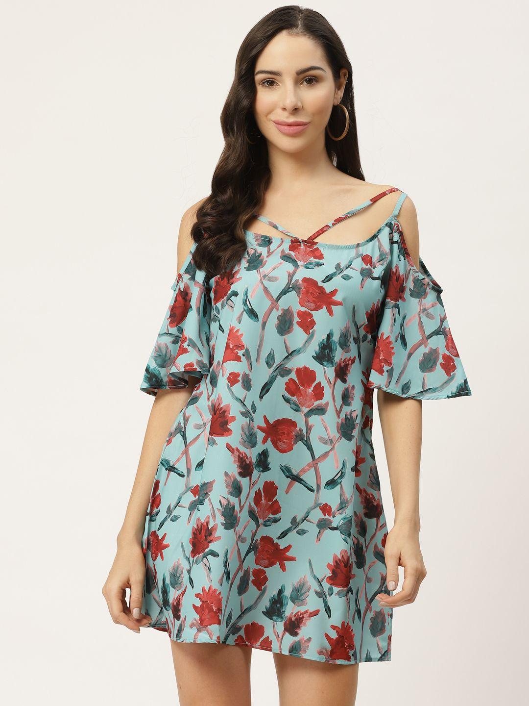 meloso women blue printed cold shoulder a-line dress