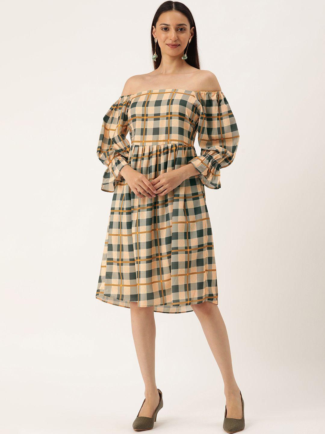 meloso women cream-coloured & green checked a-line dress