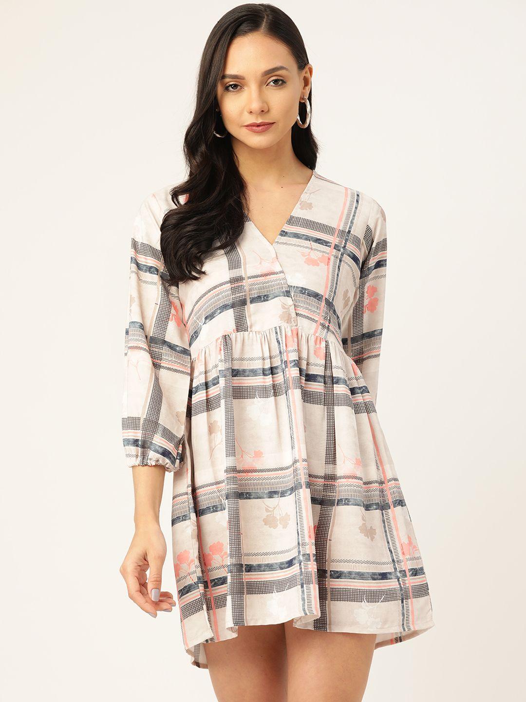 meloso women off-white & blue checked mini empire dress