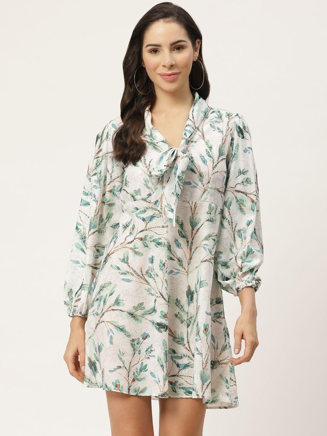 meloso women off-white & green printed a-line dress