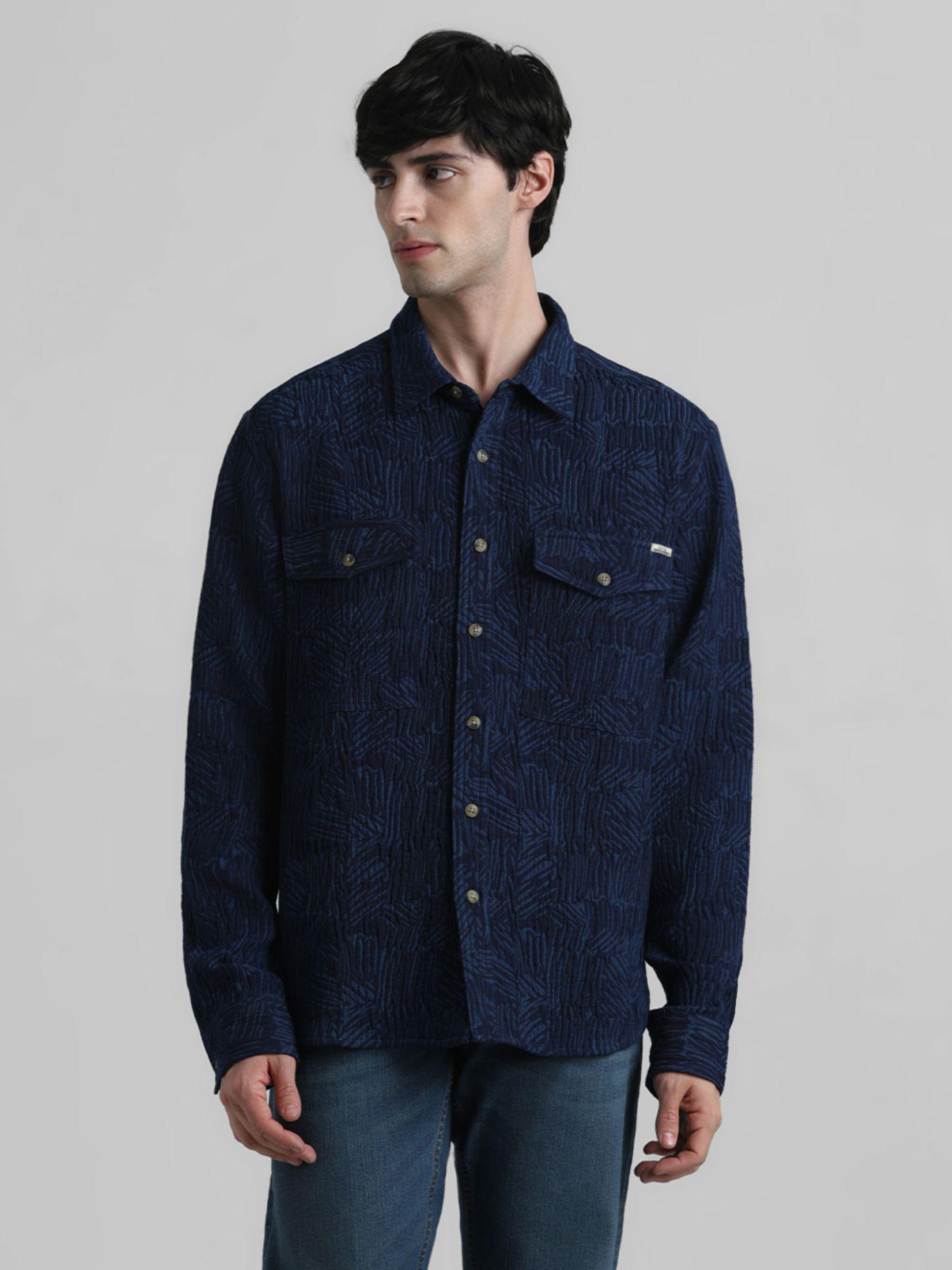 men abstract print navy blue shirt