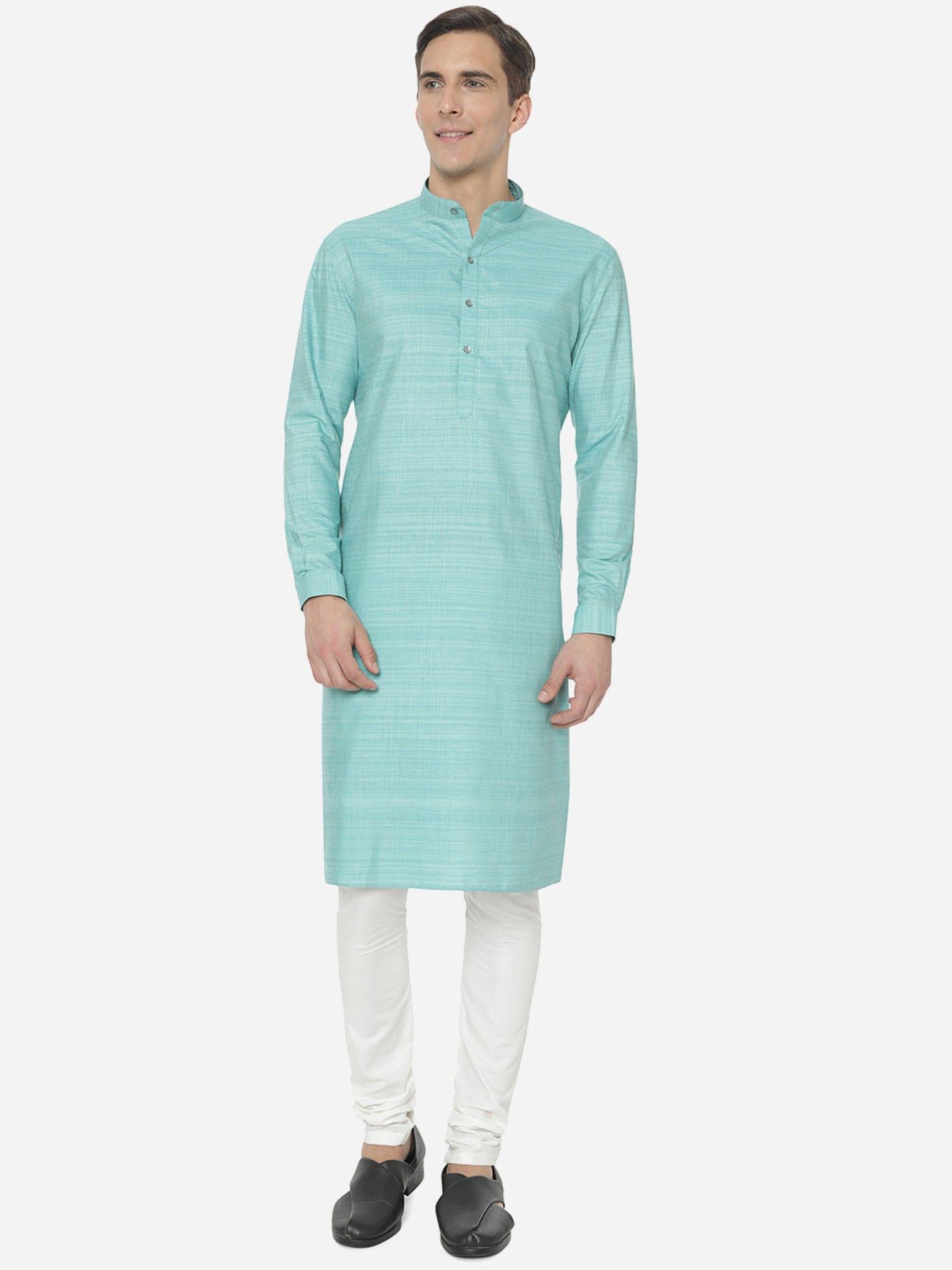 men aqua blue cotton regular fit self-textured modi kurta