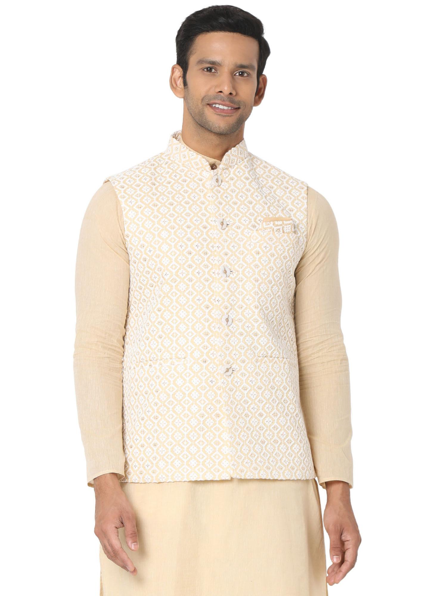 men beige art silk embroidered sleeveless nehru jacket