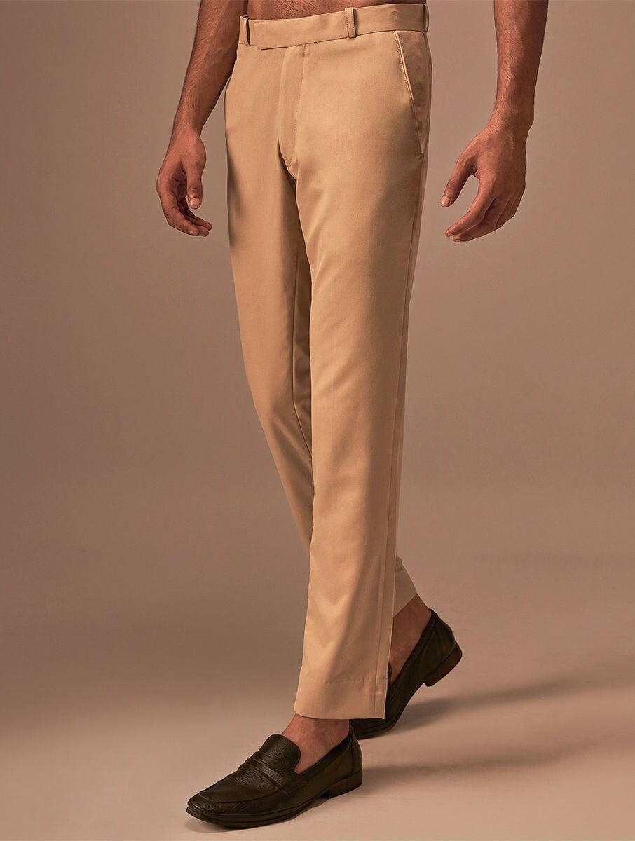 men beige brown cotton self design full length tailored fit pants