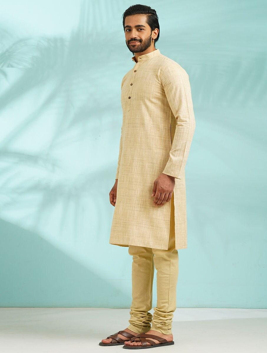 men beige brown cotton solid regular fit kurta