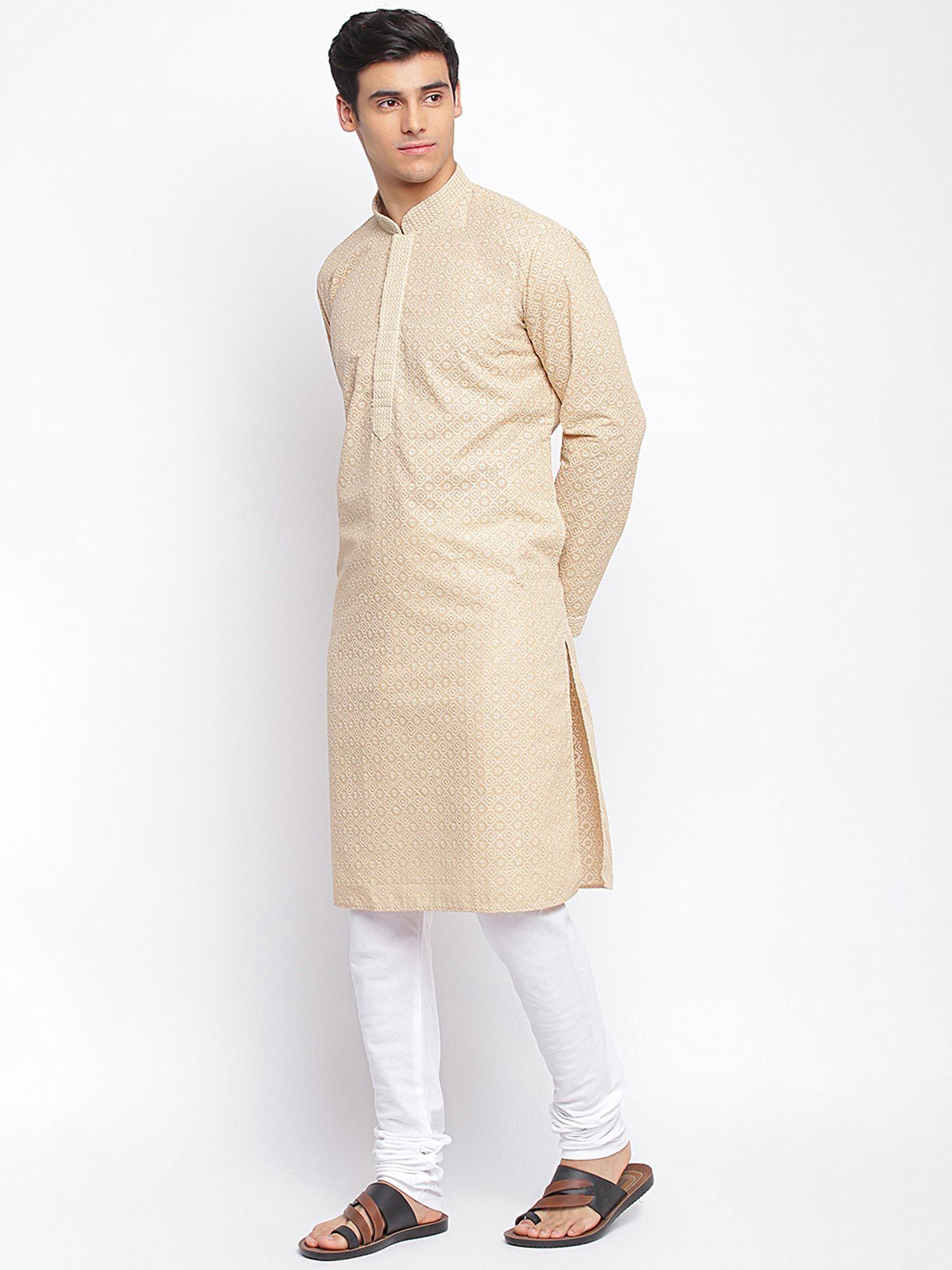 men beige cotton chikankari pattern straight kurta with churidar (set of 2)