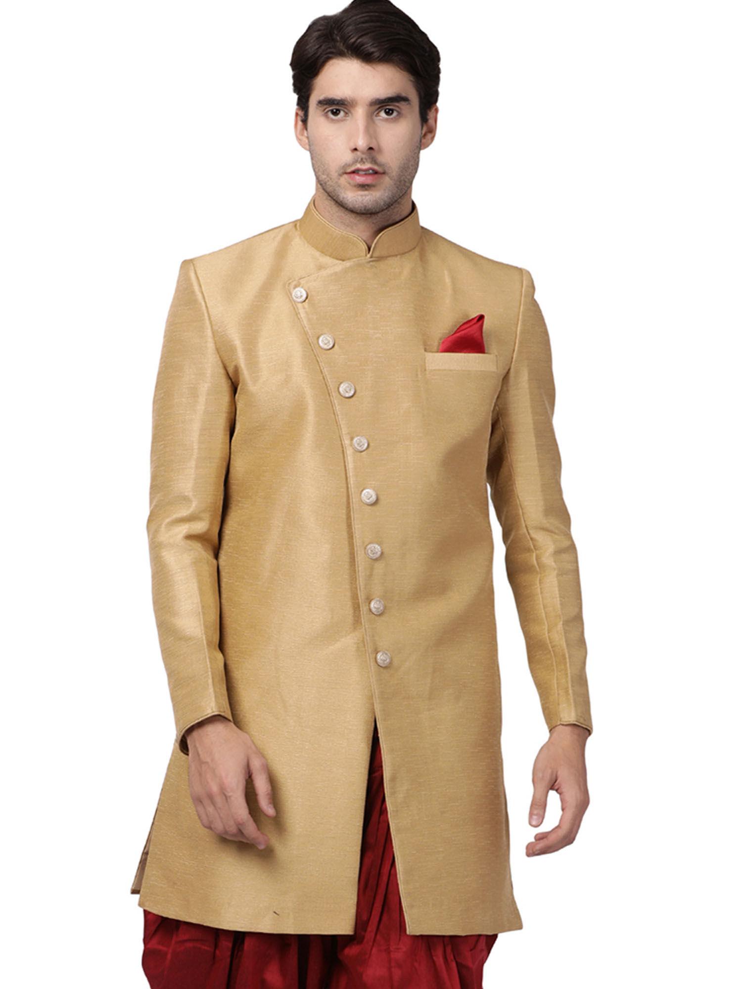 men beige cotton silk sherwani only top