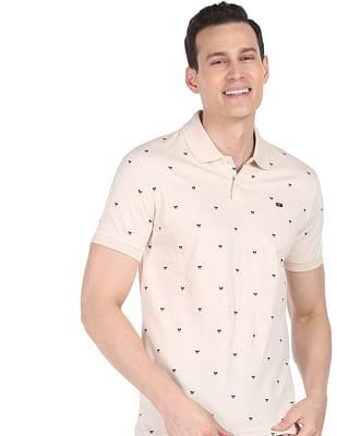 men beige geometric print cotton polo shirt