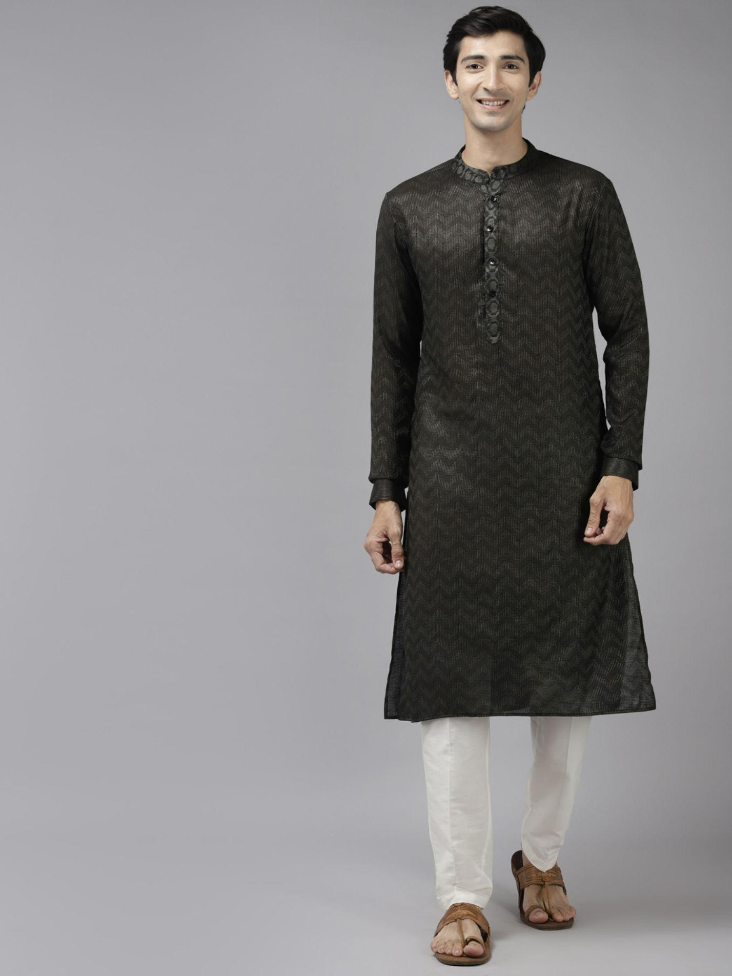 men black & beige woven design thread work kurta with pyjama (set of 2)