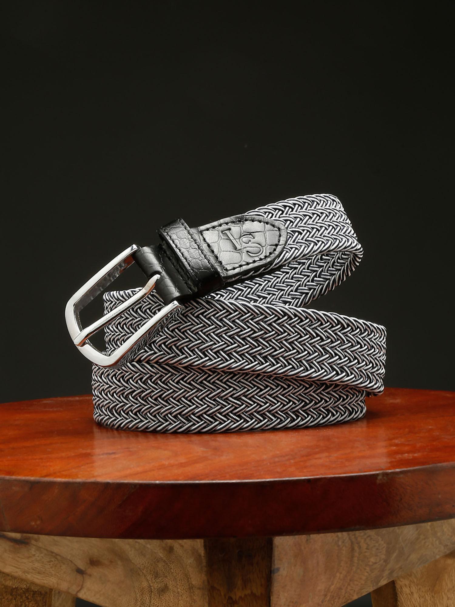 men black and grey braided elastic stretch belt with leather tipped end
