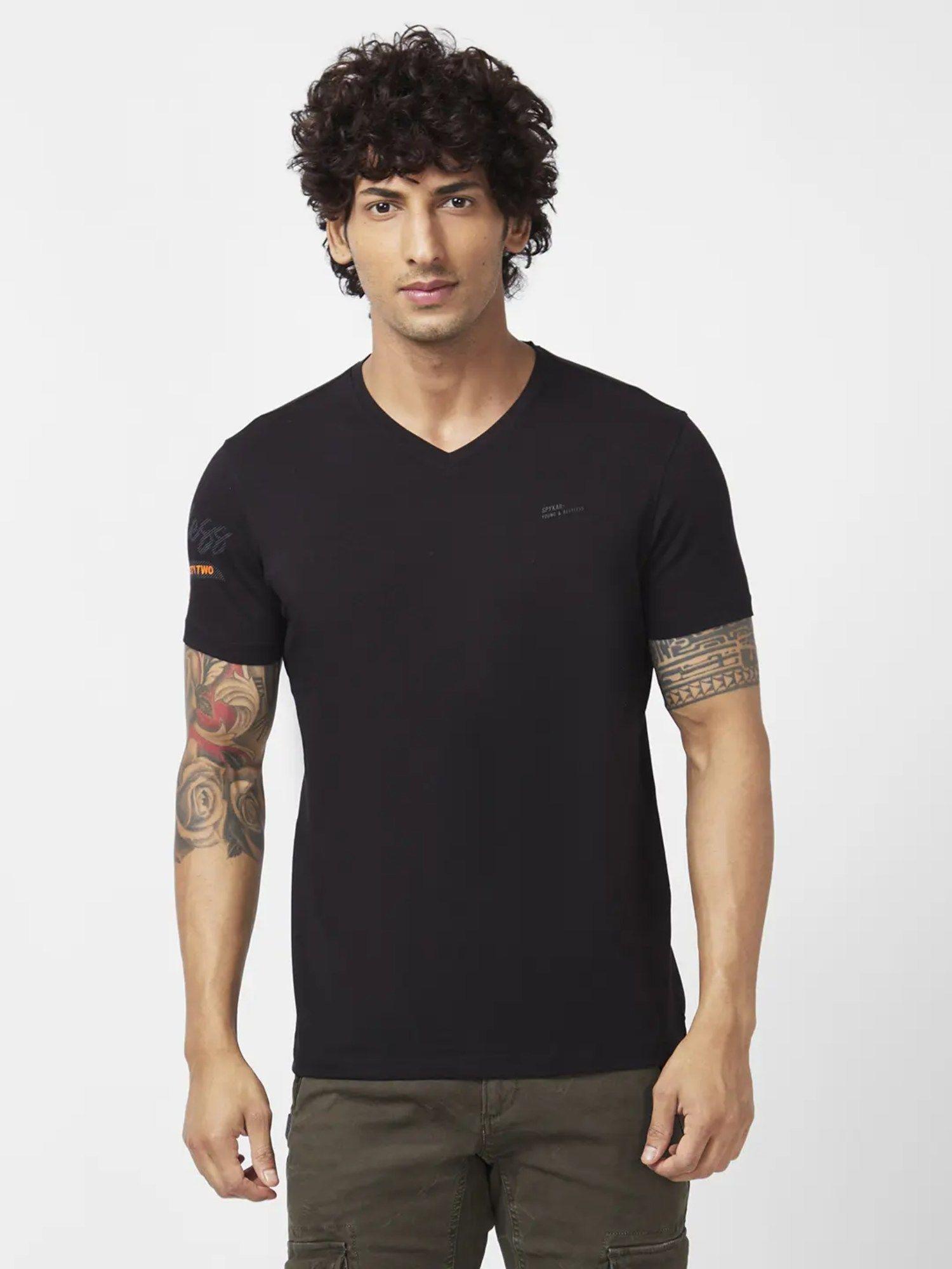 men black blended slim fit half sleeve v-neck plain t-shirt