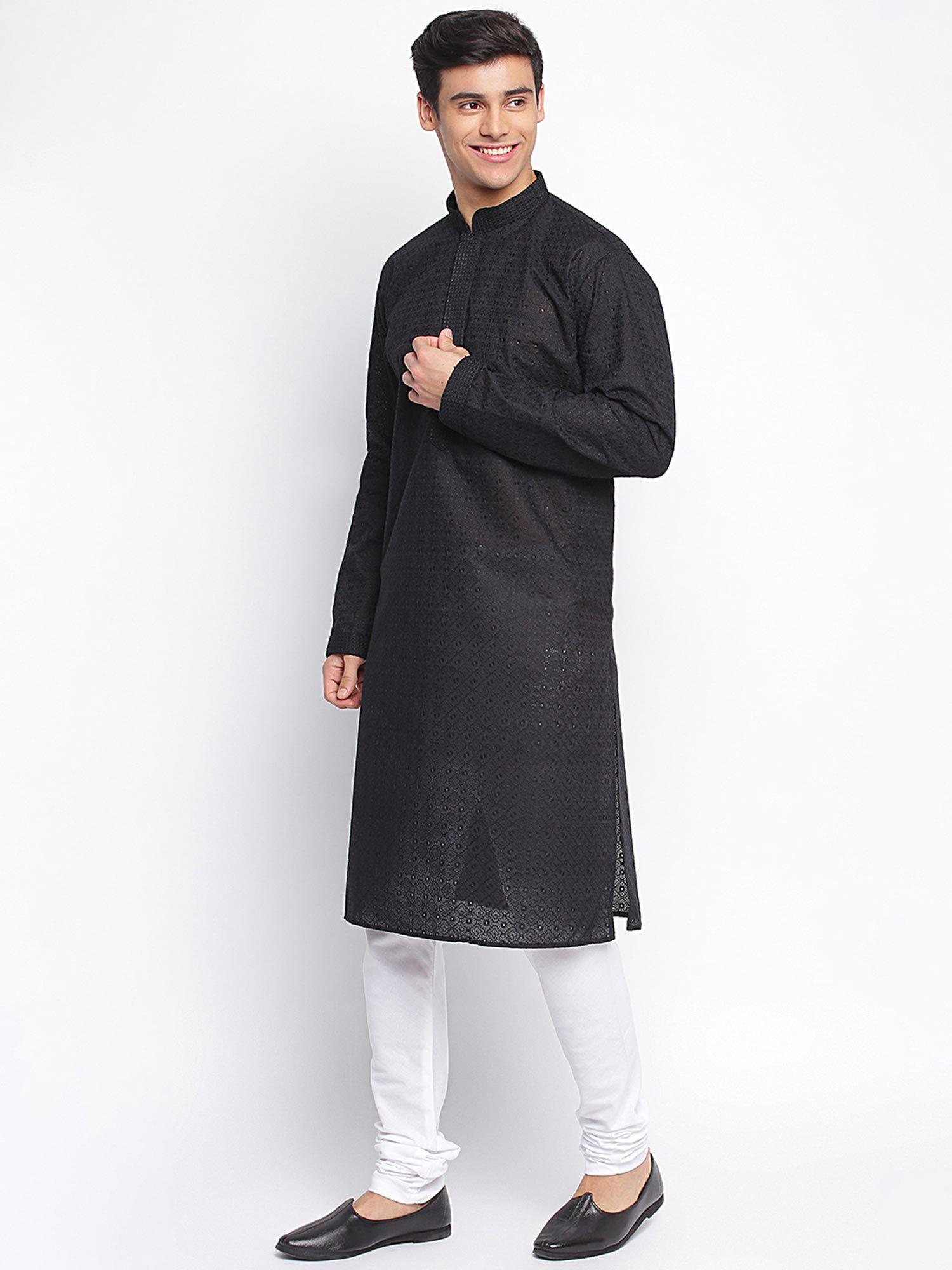 men black cotton chikankari pattern straight kurta with churidar (set of 2)