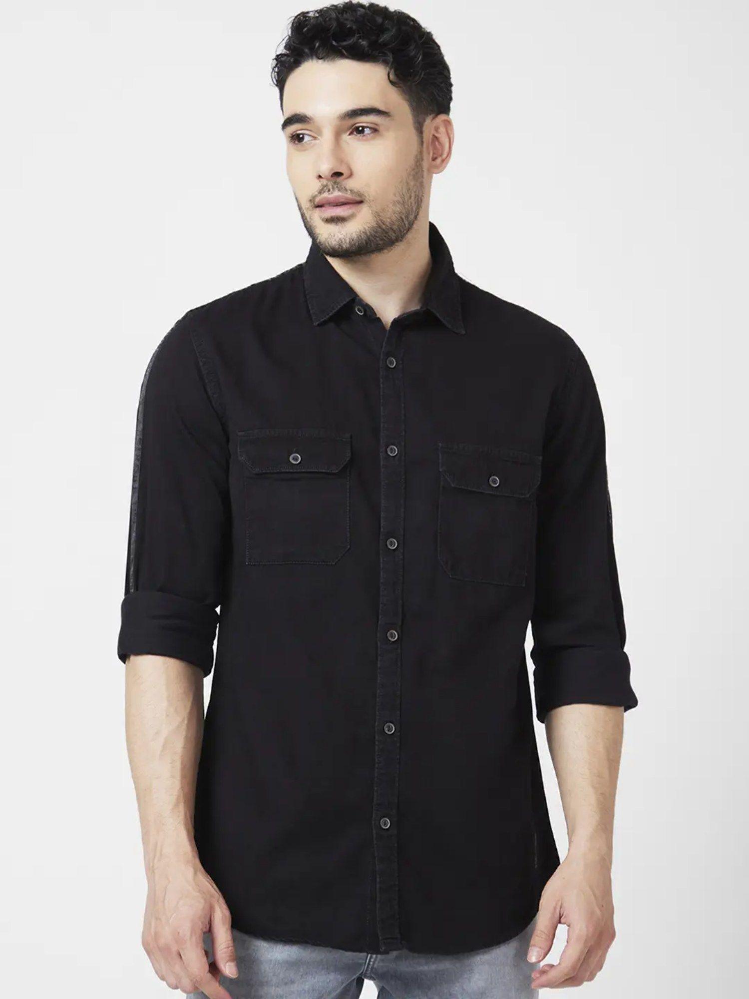 men black cotton regular slim fit full sleeve denim shirt