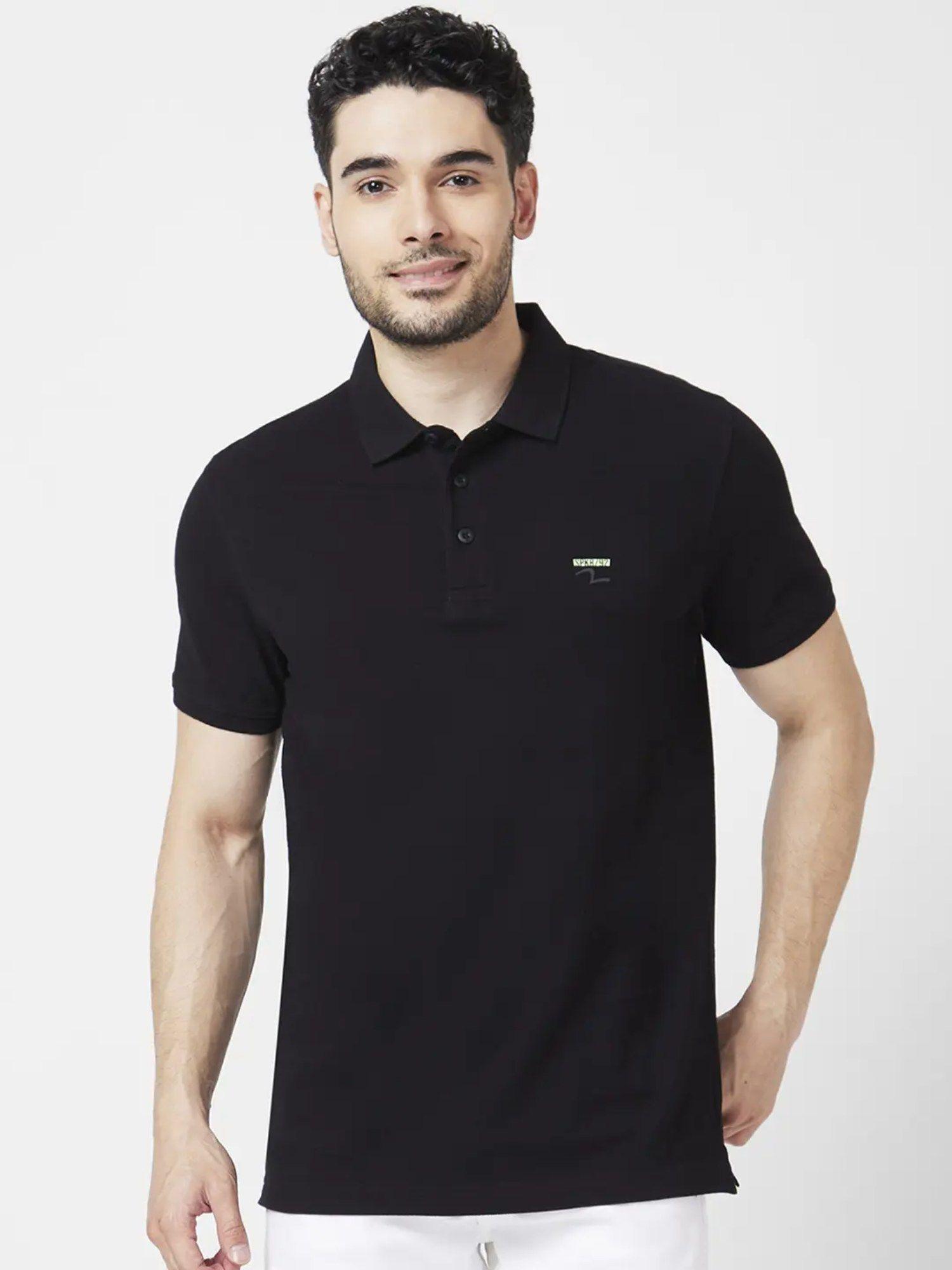 men black cotton slim fit half sleeve collar neck plain polo t-shirt