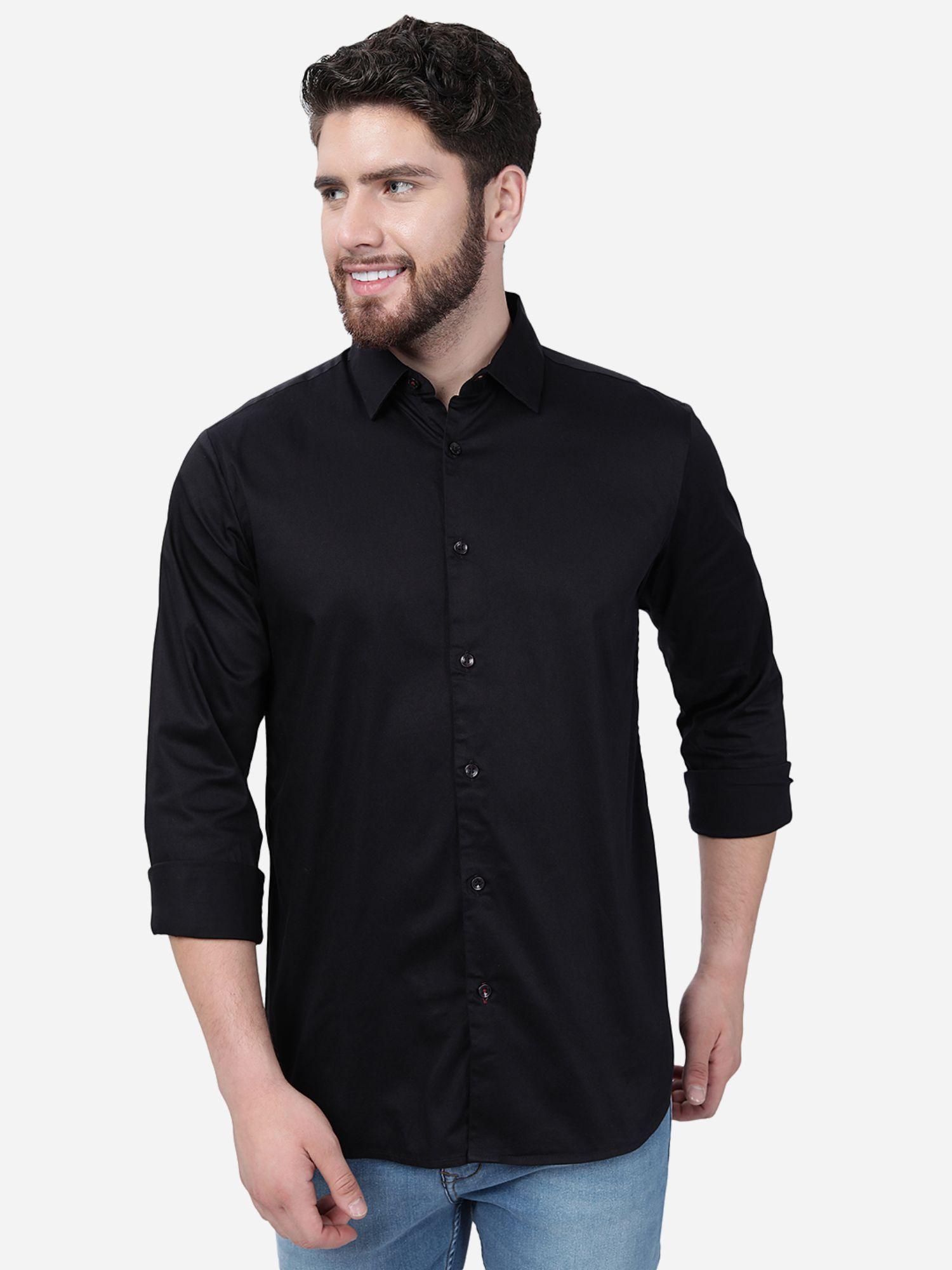 men black cotton slim fit solid semi casual shirt