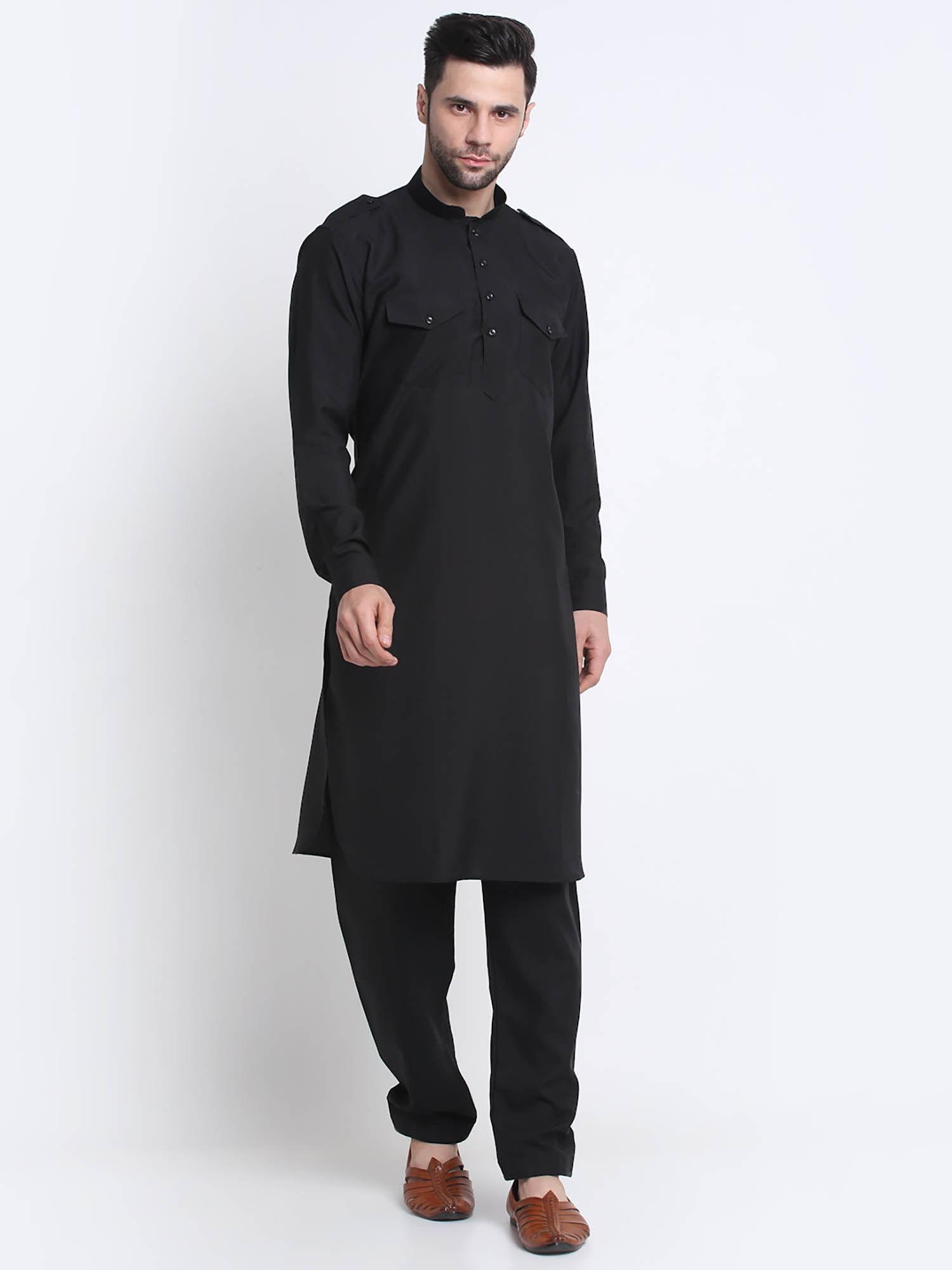 men black cotton solid pathani and trousers (set of 2)