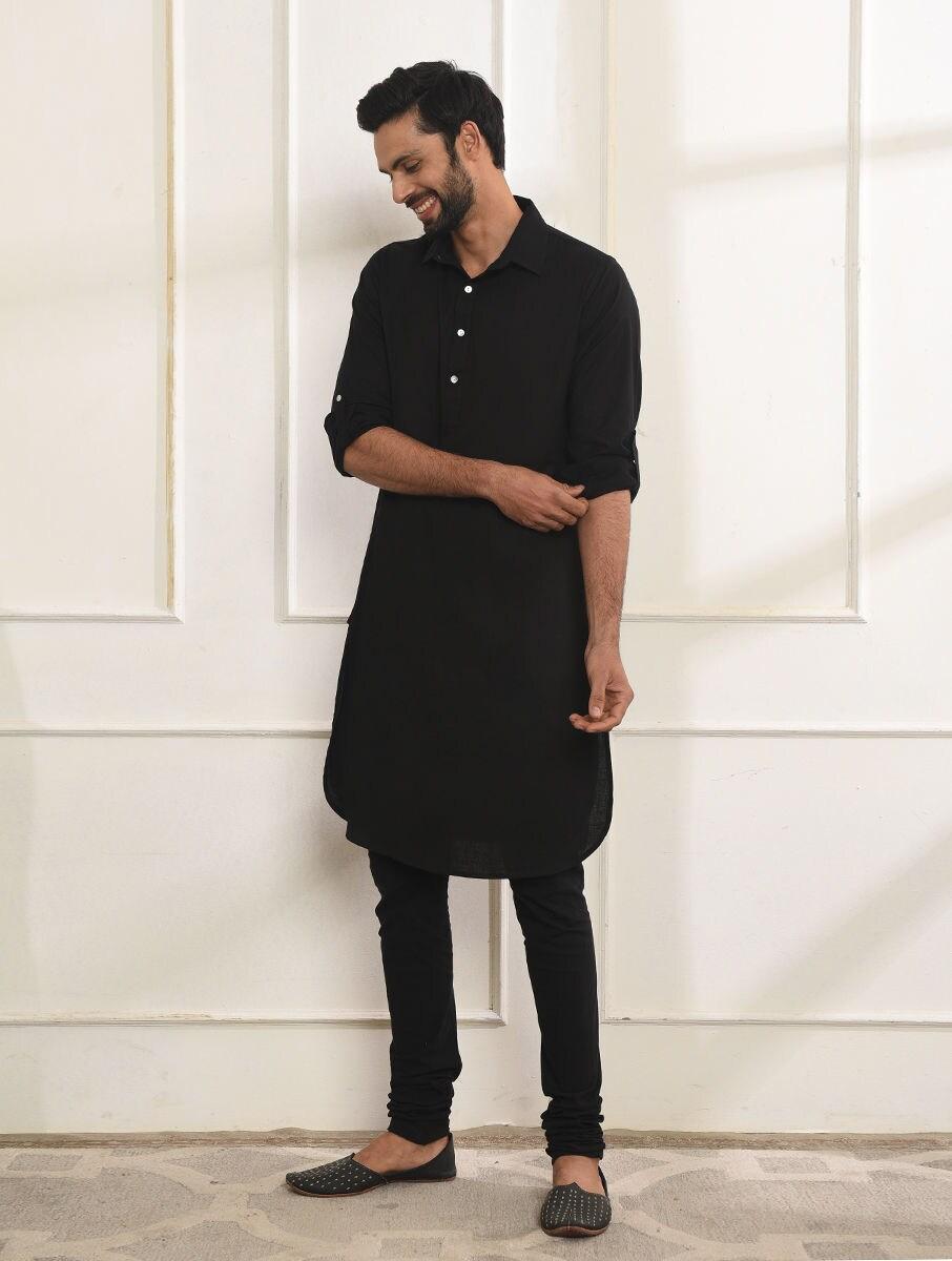 men black cotton solid shirt collar regular fit kurta
