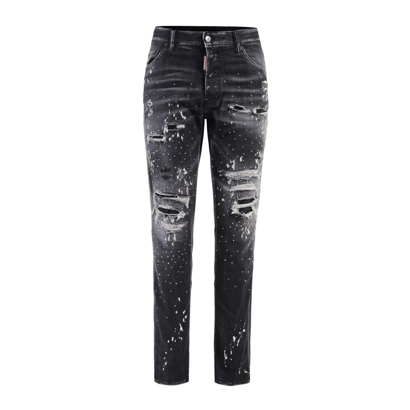 men black distressed and splatter print cool guy jeans with studs detailing