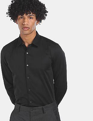 men black french placket cotton solid formal shirt