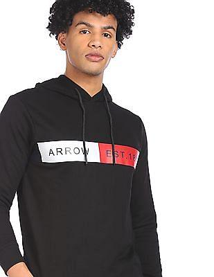 men black long sleeve brand print hood sweatshirt