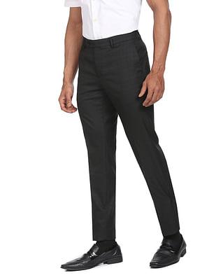 men black mid rise grid tattersall check formal trousers