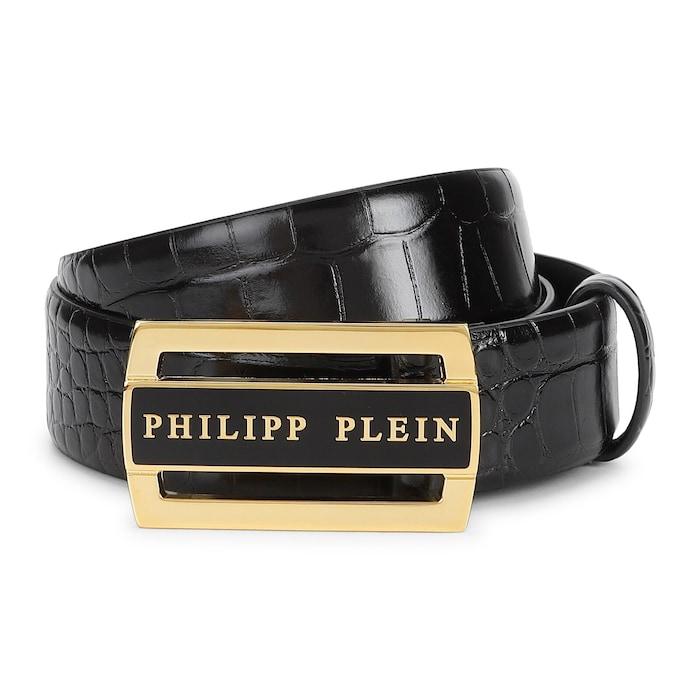 men black plaque buckle textured belt