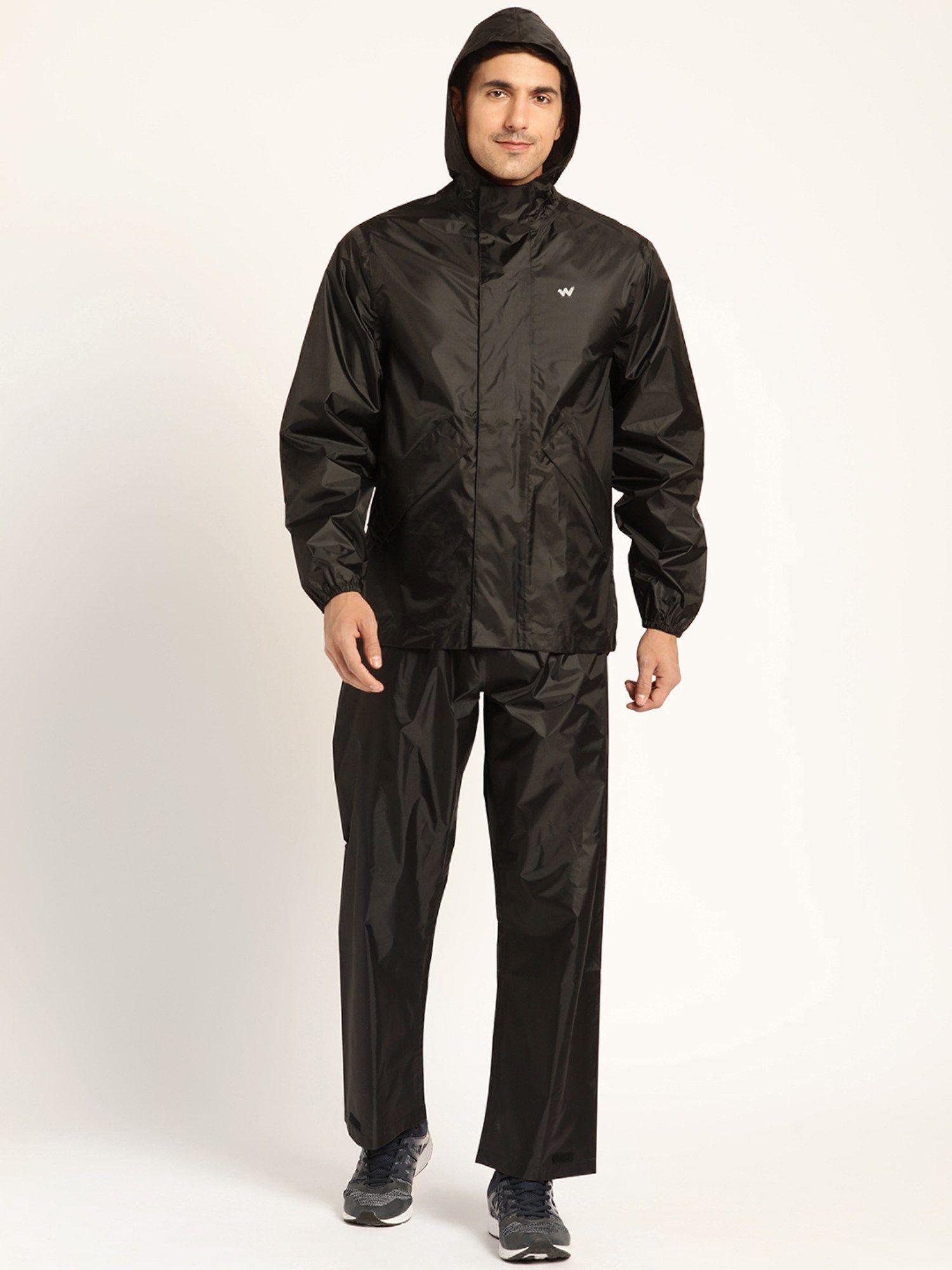 men black polyester solid rain jacket with pant (set of 2)
