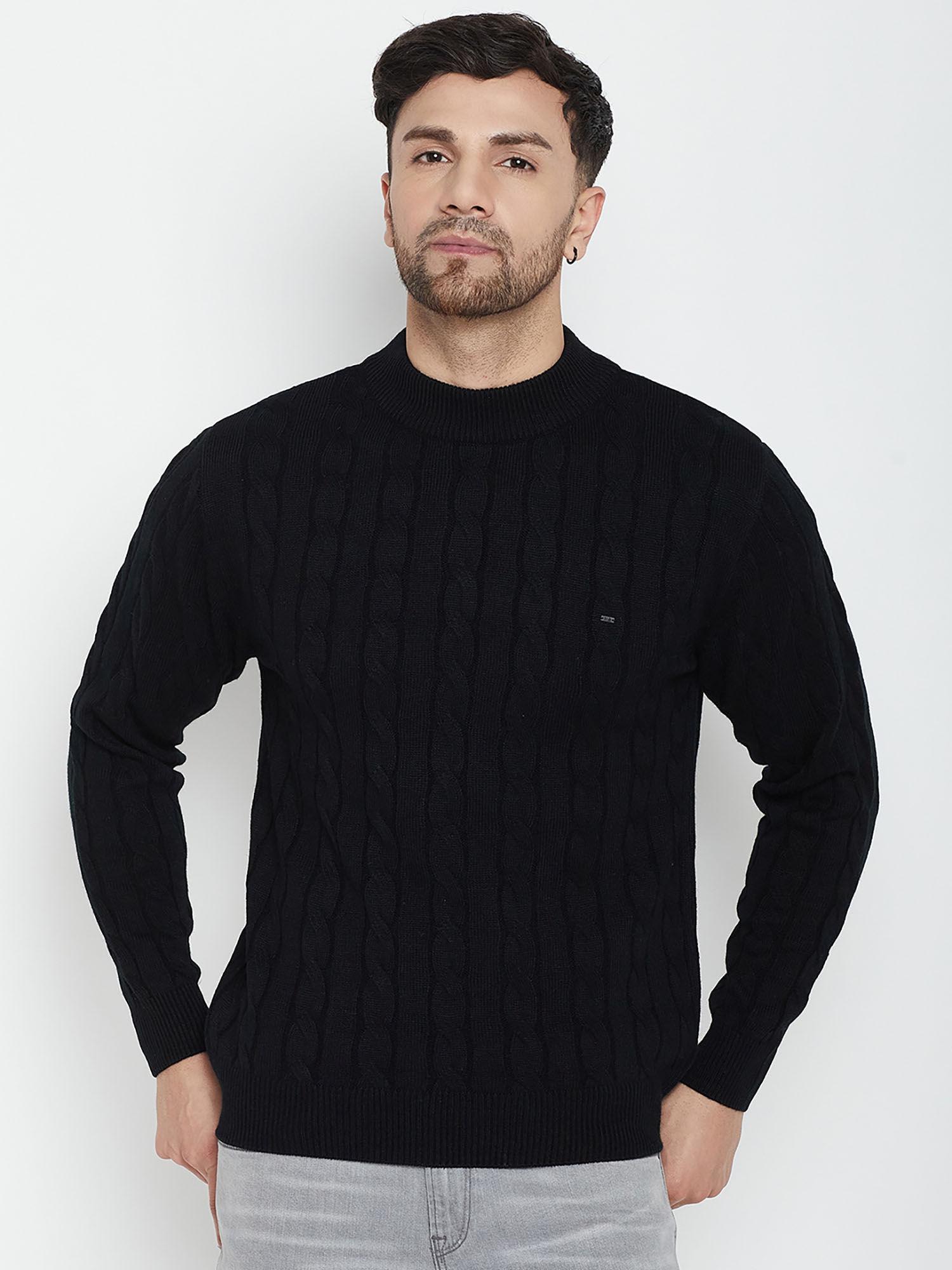men black self design full sleeves round neck sweater