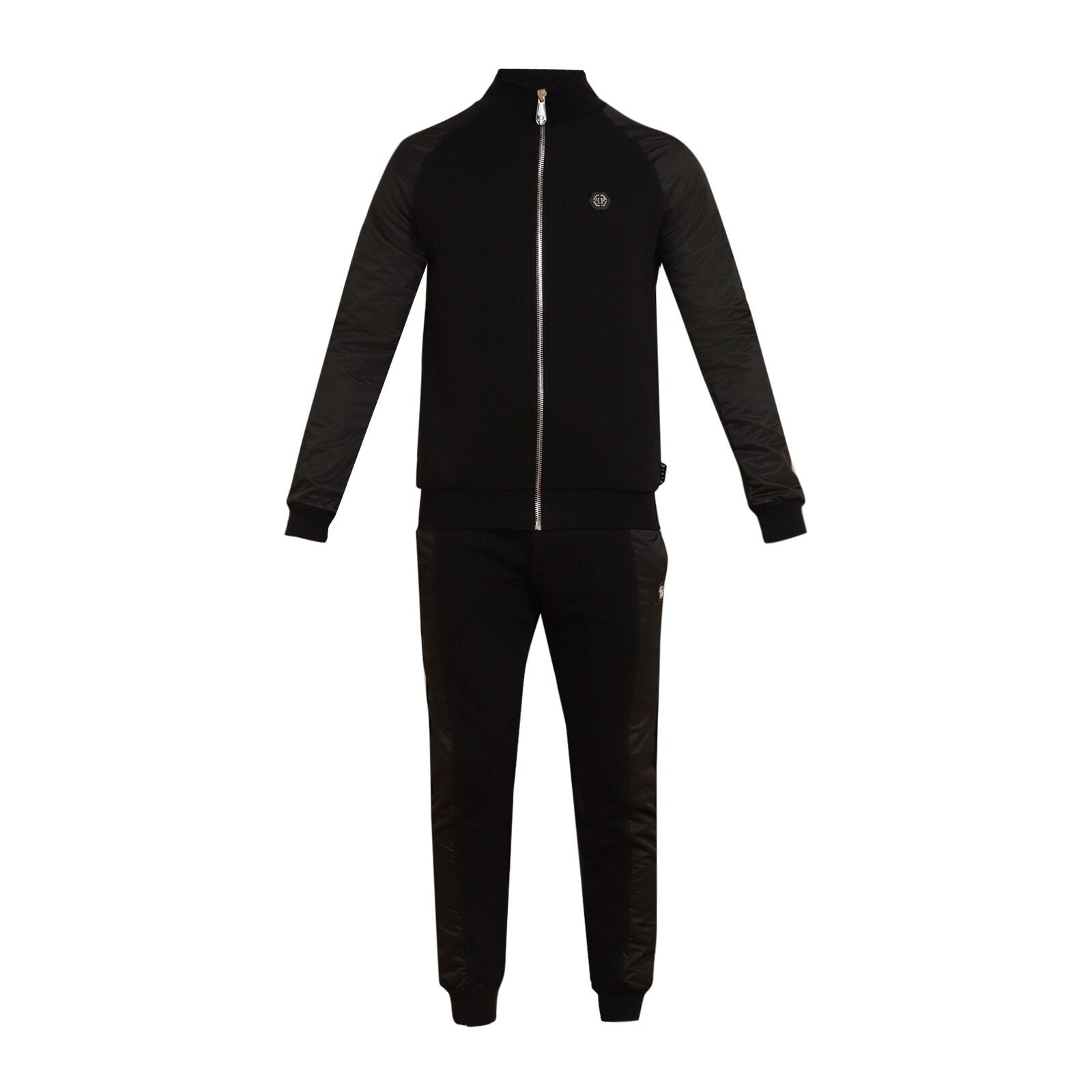 men black solid leather patch zip-up track suit
