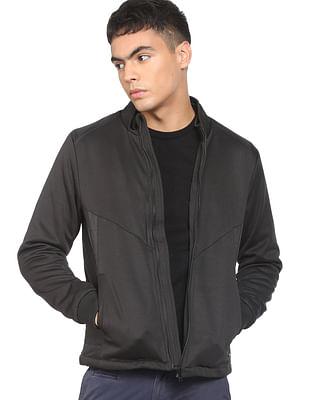 men black solid zip up panelled polyester casual jacket