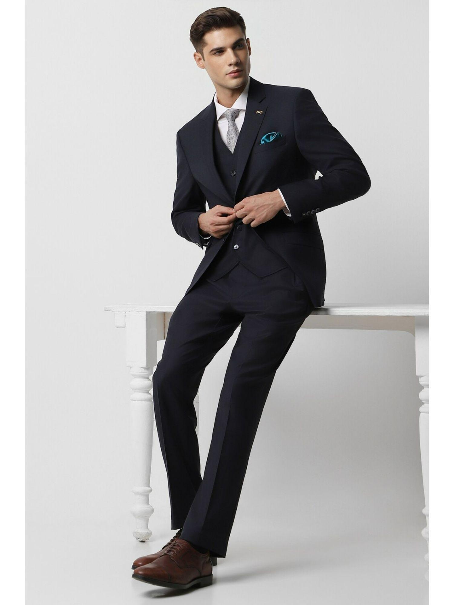 men black textured slim fit formal suit (set of 3)