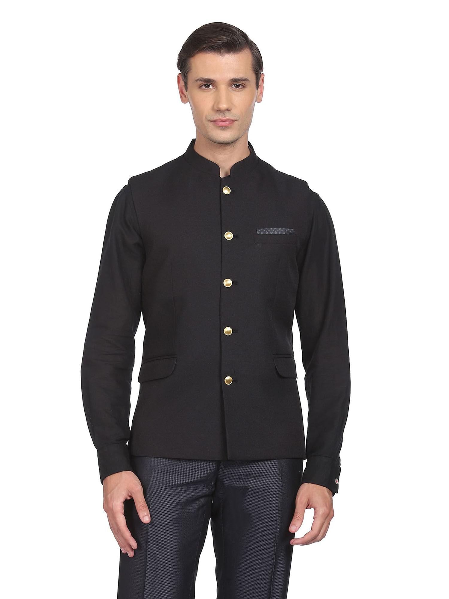 men-black-textured-tailored-regular-fit-nehru-jacket