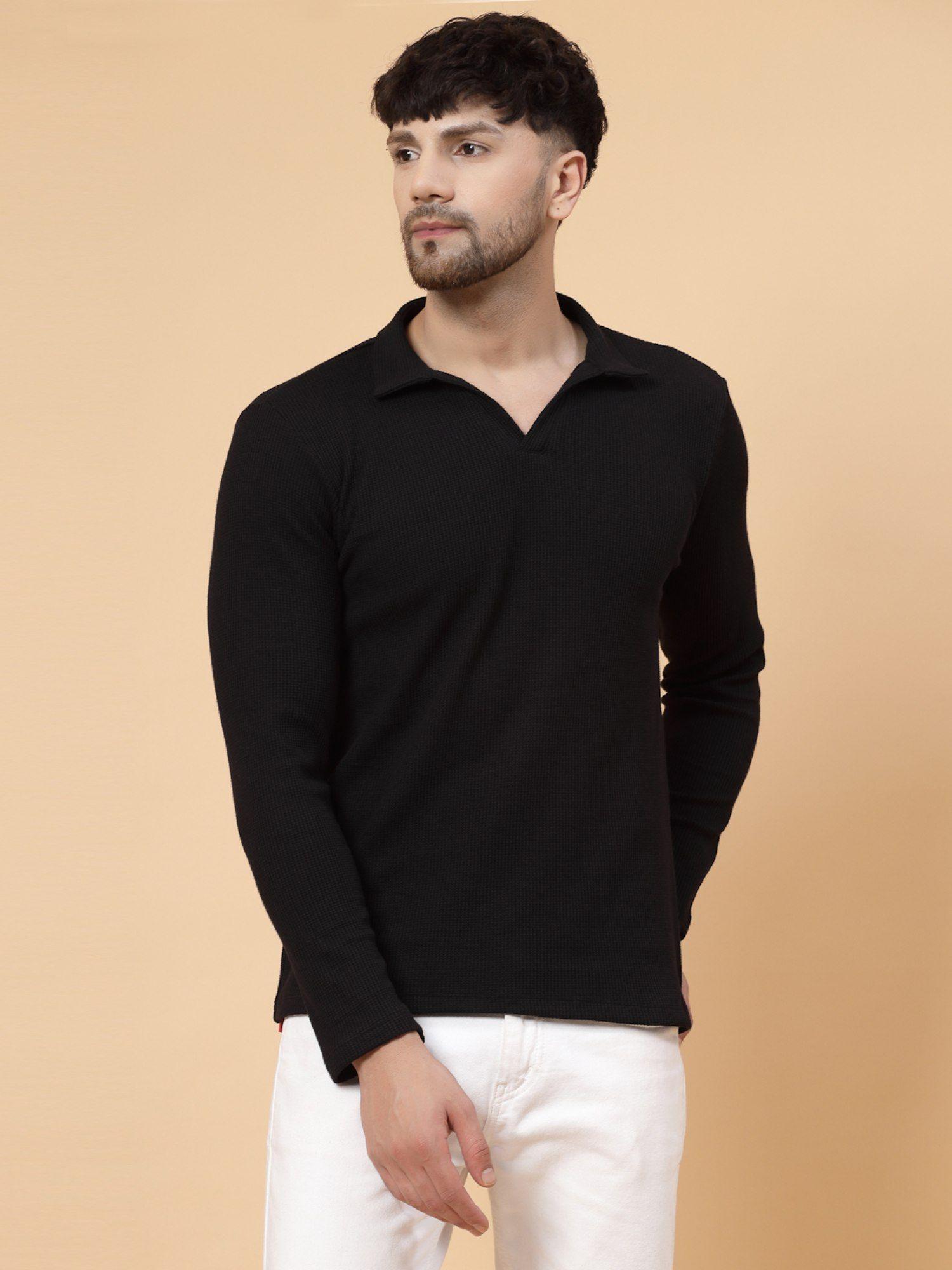 men black waffle knit solid polo t-shirt
