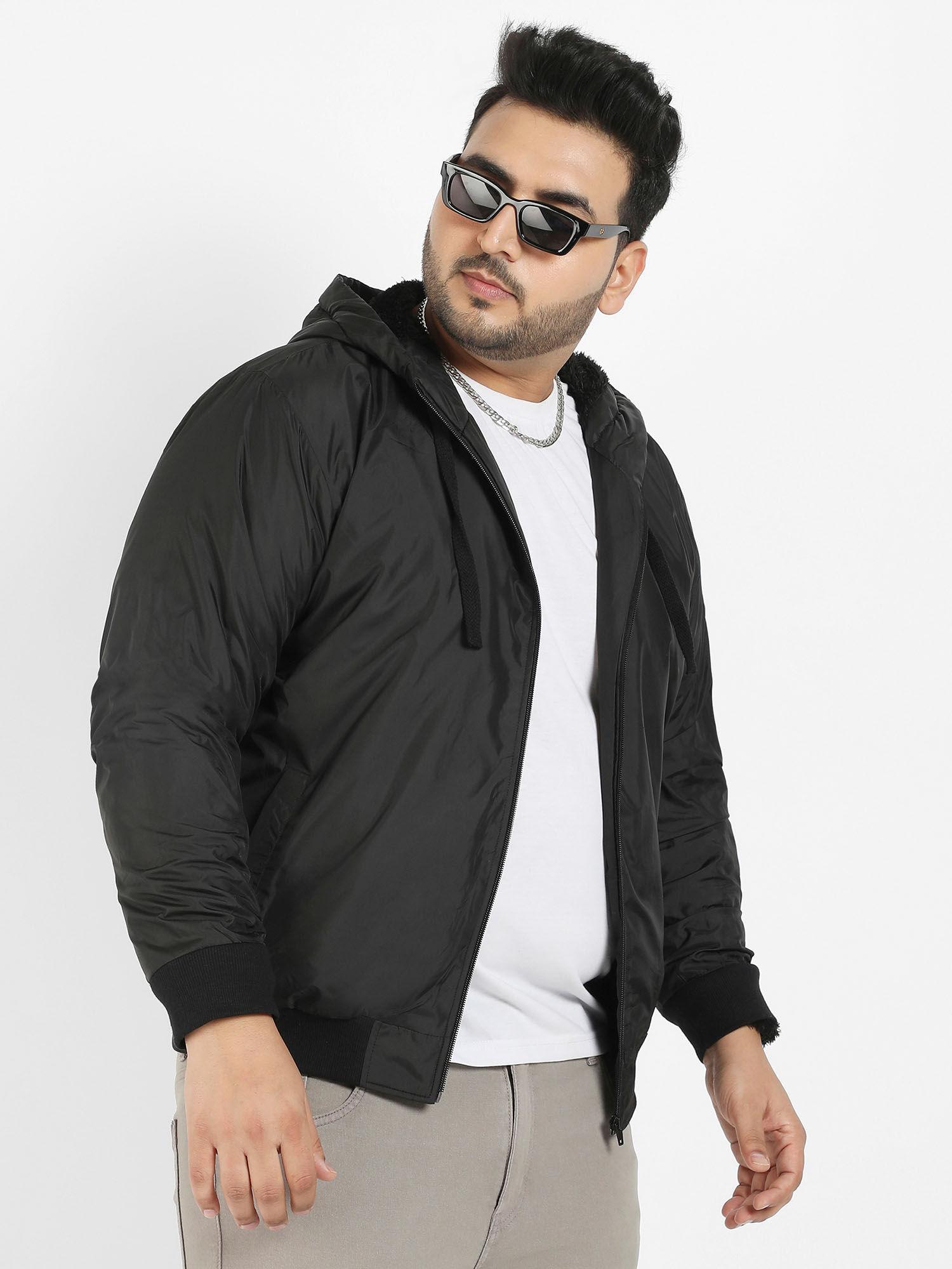 men black zip-front puffer jacket with ribbed hem